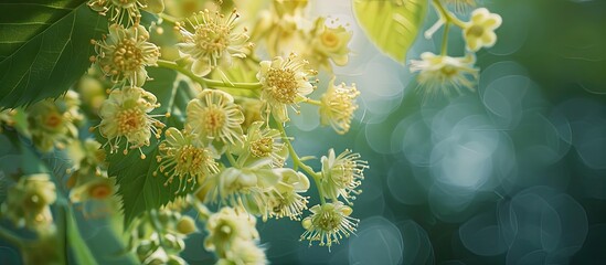 Wall Mural - Close up of light green linden tree flowers in summer displayed in a copy space image