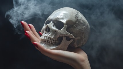 Skull in the hand of a female. Dark background with smoke.