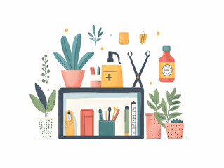 Wall Mural - Flat White Self Care Toolbox Concept Vector Illustration - White Toolbox Filled with Self Care Items like Book, Tea Cup, Yoga Mat - Emphasizing Wellness Tools on White Background - Smart Business Tone