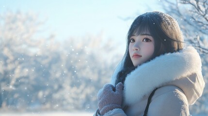 Leinwandbilder - A young woman with long dark hair is standing in a snowy forest. She is wearing a light beige coat with a white fur collar and a pair of grey gloves.