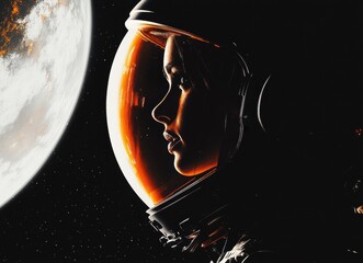 Wall Mural - A beautiful woman astronaut in a helmet, with a space background featuring the planet Earth. The color palette is dark orange and black, with a cinematic, high-contrast, and hyper-realistic style.