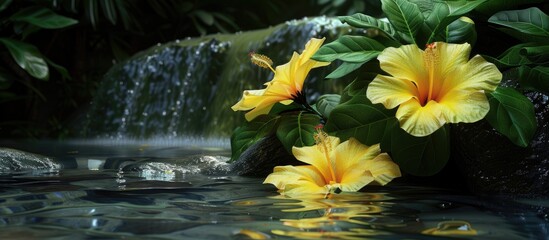 Wall Mural - refreshing light yellow hibiscus flowers and green leaves by a stream in a cool atmosphere provide a