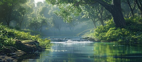 Wall Mural - A serene natural setting with lush greenery a peaceful river and a tree filled landscape providing a perfect backdrop for any copy space image