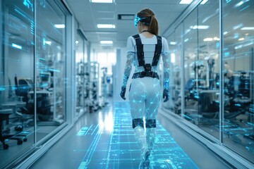 A woman wearing a futuristic suit walks through a high-tech lab with digital interfaces displayed