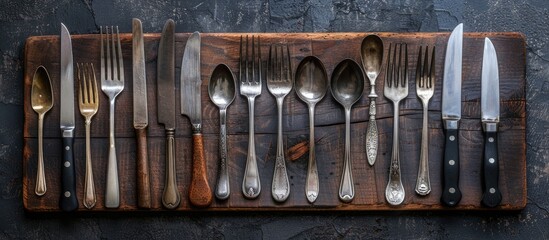 Wall Mural - Cutlery arranged neatly on an empty wooden cutting board displayed against a dark textured concrete backdrop ideal for a copy space image