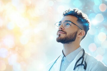 A young doctor in a white coat looking upwards with hope in a bright, colorful environment