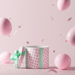 Poster - Open empty gift box with Christmas balloons decorations on pink background. 3d rendering 