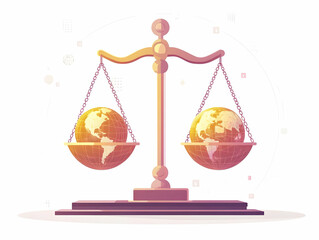 Wall Mural - Flat Holographic Scales Balancing Profit Planet Sustainable Business Practices Panning Shot of Gold Coin Miniature Earth Glowing Particles White Platform Vector Illustration