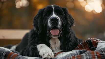 Wall Mural - Newfoundland lounging on a blanket at a winter holiday market , High-resolution,Ultra-realistic,Crystal-clear