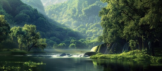 Wall Mural - Copy space image showcasing the serene beauty of a lush summer landscape with a verdant forest flowing river and scenic panoramic view