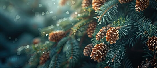 Canvas Print - close up of spruce branches with cones providing a vibrant copy space image