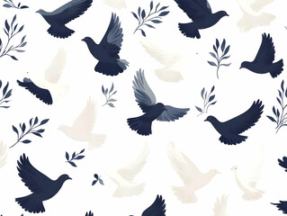 Sticker - Flat White Dove Peace Tiles Minimal Design Seamless Pattern Unique White Dove Silhouettes Flight Paths Symbolizing Inner Peace Janeiro Branco Initiative in Flat Vector Illustration