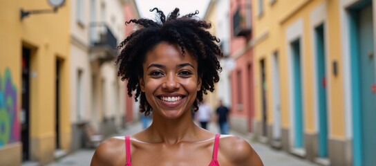 Radiant African-American woman beaming in vibrant urban scene amidst multicultural colors and European architectural elements