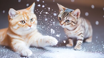 Wall Mural - A playful Shiba Inu puppy and a Burmese kitten playing with snowflakes at a winter carnival , High-resolution,Ultra-realistic,Crystal-clear