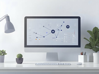 Wall Mural - Flat Desktop Monitor Holographic Network Leaf Concept Glossy White Desk Smart Business Vector Illustration Environmental Connectivity Copy Space Medium Shot