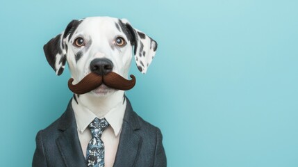 Wall Mural - November dog with mustache prop concept. An Dalmatian dog in a suit and tie poses with a whimsical mustache against a vibrant blue background