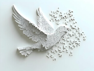 Wall Mural - Flat White Dove Peace Puzzle Concept Illustration of White Dove Formed by Puzzle Pieces, Camera Zooms Out to Reveal Missing Pieces, Symbolizing Mental Health as Ongoing Process, Isolated on White Back