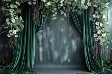 Tudor Revival style muted charcoal gray professional photography studio backdrop with a matte finish, deep forest green satin curtains, adorned with a floral arch of white daisies and lavender