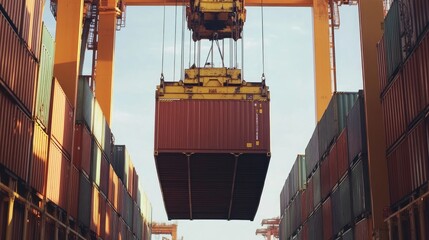 Container being lifted at shipping port front view Cargo handling efficiency -