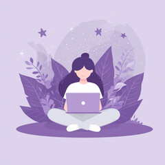 A flat vector illustration of an animated girl sitting on the floor with her laptop, purple leaves around and sparkles behind her.