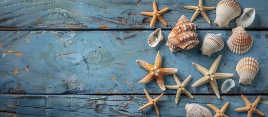 Wall Mural - A maritime theme featuring starfish and seashells on a vintage blue wooden backdrop with copy space image available