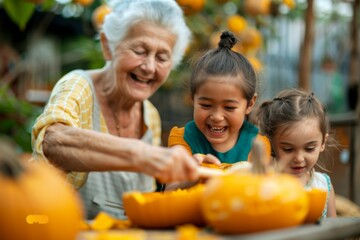 Celebrating Halloween joyfully in the backyard while carving pumpkins with family members