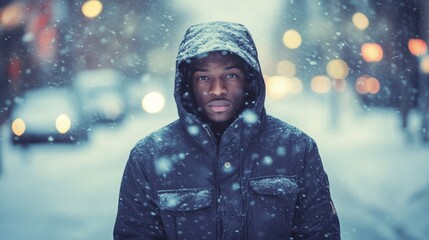 In the heart of winter, a young man in a dark jacket faces the camera amidst falling snowflakes on a busy urban street. City lights glow softly in the background, creating a serene atmosphere.