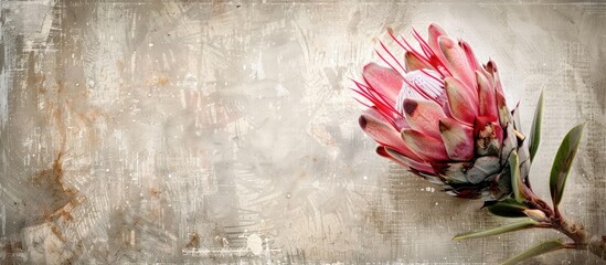 Poster - Pink protea flower on a textured grunge background with copy space image