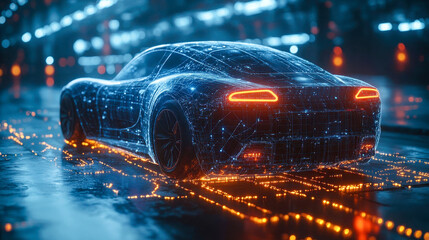 A sleek electric sports car being charged at a station during the rain, with glowing reflections