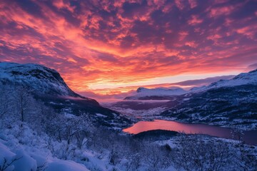 A brilliant sunset paints the sky in vivid colors above a snow-covered valley, with mountains lining the horizon, creating a breathtaking winter panorama.