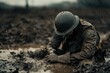 © ChaoticMind - An exhausted soldier leans heavily on a mud-covered field in rain, showcasing the exhaustion and hardship of military life amidst adverse conditions.
