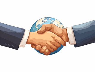 Flat Macro Handshake Over Globe Image - Close Up of Two Hands Shaking on Small Globe Symbolizing Global Compromise Community Growth in ESG Initiatives - Simple Flat Vector Illustration on Clean White 