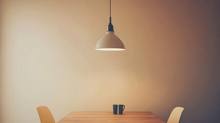 Minimalist dining area with a wooden table set for two and neutral-toned chairs