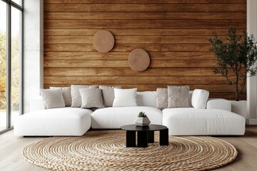 Aufkleber - Contemporary living room featuring a large white sectional sofa accompanied by a round jute rug, two hanging woven baskets, and a potted plant against wooden walls.