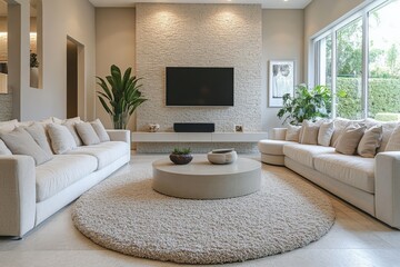 Leinwandbilder - A contemporary living room featuring two large white sofas facing each other, a central round coffee table on a fluffy rug, and lush green plants by wide windows.