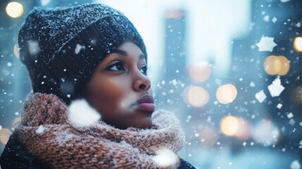 Poster - A woman stands in a snowy urban environment, looking upward as flakes gently fall around her.