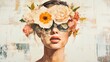 © Khalil - Abstract contemporary art collage portrait of young woman with flowers on face hides her eyes, oil painting