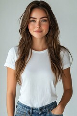 Wall Mural - Portrait of a young woman with long hair wearing a plain white t shirt against a neutral background