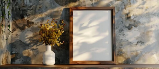 Wall Mural - Wooden table with a picture frame featuring copy space image