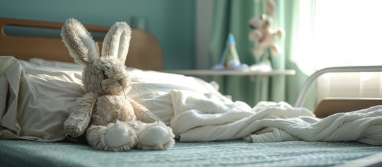 A fluffy stuffed bunny rests on a hospital bed adorned with mint bedding and a white blanket ideal for a copy space image