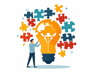 Wall Mural - Flat Floating Puzzle Piece Connects to Light Bulb - Problem Solving Innovation Concept in ESG Business Contexts - Simple Vector Illustration for Smart Business Solutions