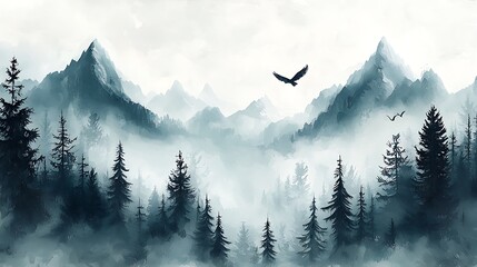 Wall Mural - Moody Fog Over Mountain Range Landscape