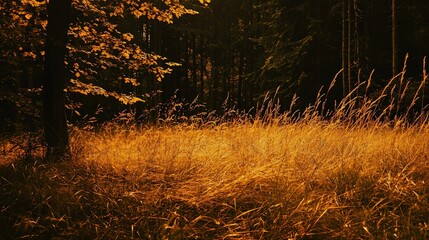 Golden grass field in a forest with warm sunset light.