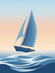 Leinwandbilder - A sailboat navigates smoothly across gentle waves as the sun sets, creating a tranquil atmosphere on the water. Generative AI