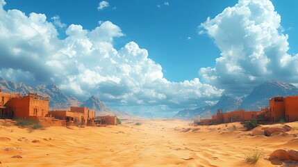 A deserted village in the middle of a vast desert landscape with a road leading to the horizon. The sky is clear and blue with white fluffy clouds.