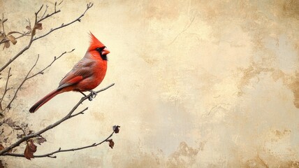 vibrant red bird perched on bare tree branch with rustic background