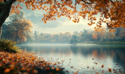 Tranquil Autumn Lake with Fall Foliage Reflections