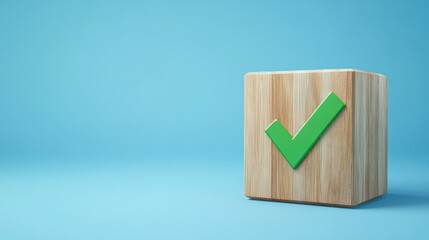 Wooden cube with green checkmark icon. Check mark, Check Mark Sign, Tick Icon, right sign,circle green checkmark button, Done. On blue background. Banner. Copy space