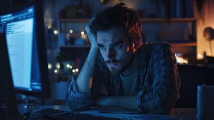 Working IT developer with stressful overworked in creating online software development coding on pc screen, thinking program for latest version application on website project at modern office. Gusher