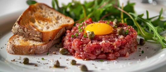 Close up image of delicious beef steak tartare with yolk capers and toast on a white table with copy space image